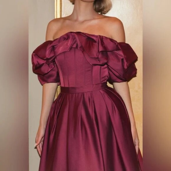 Mac Duggal 20706‎ Womens Plum Red Off The Shoulder Tea Length Dress Gown - Picture 2 of 6